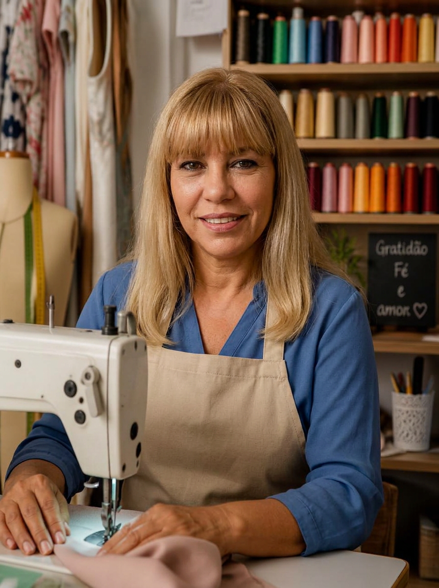Maria de Fátima sorrindo em seu ateliê de costura